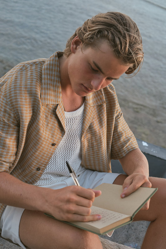 Terracotta Textured Check Cuban-Collar Shirt