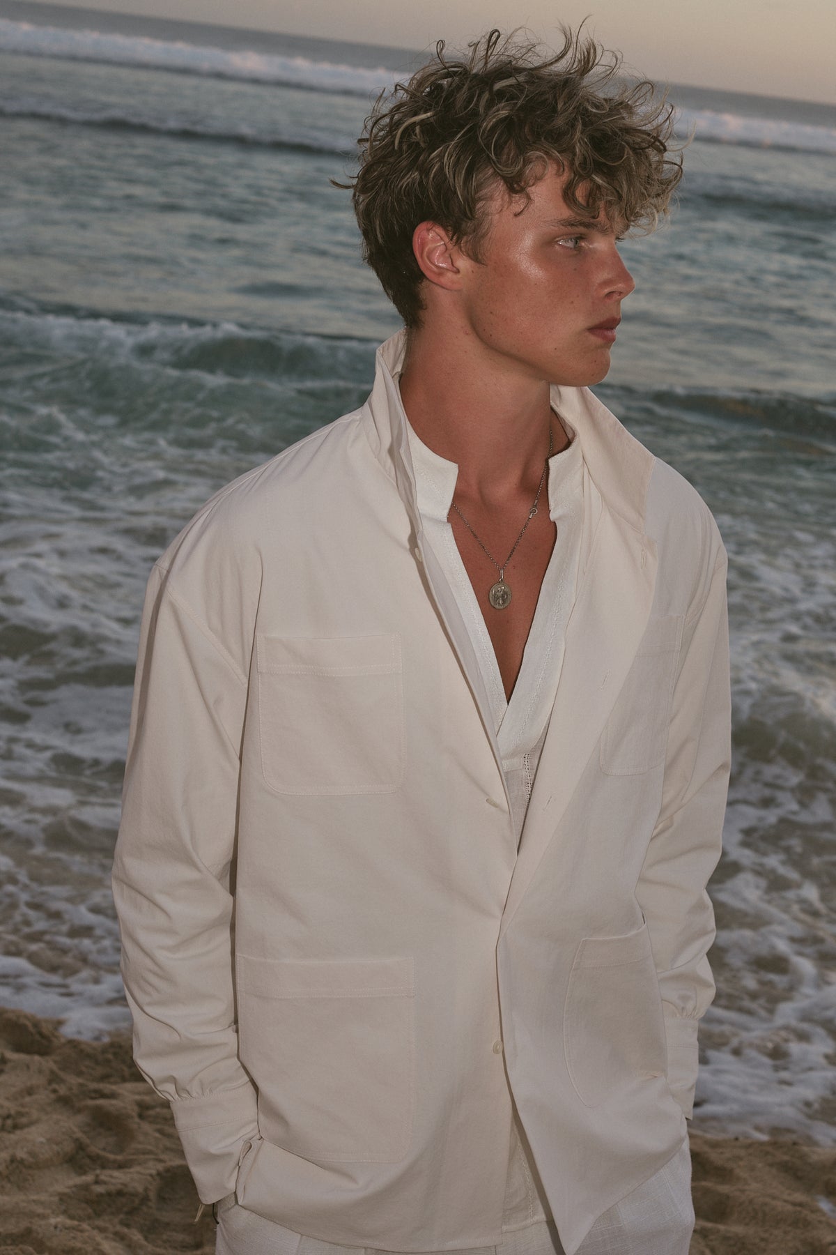 Bone White Hemp-Blend Stand-Collar Shirt Jacket