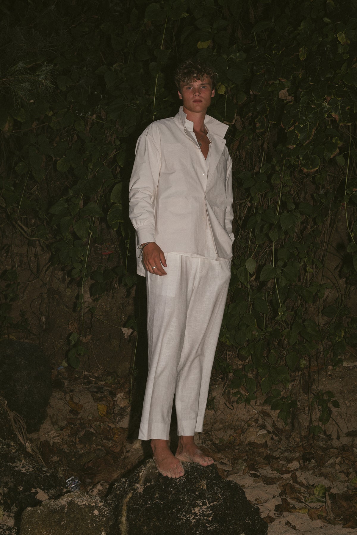 Bone White Hemp-Blend Stand-Collar Shirt Jacket
