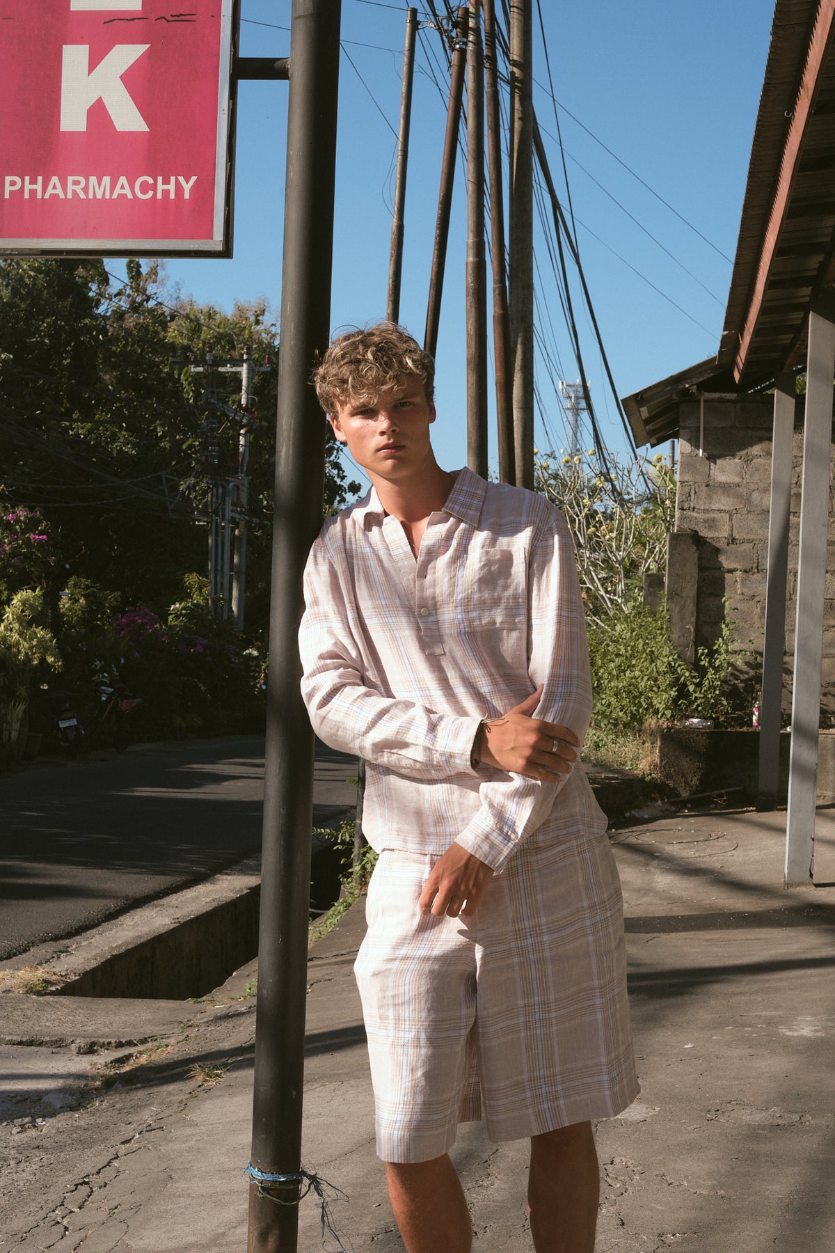 Linen-Blend Plaid Popover Shirt