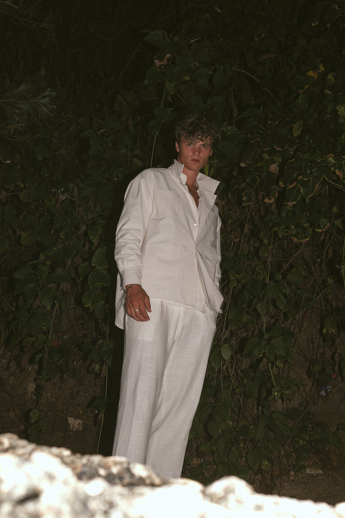 Bone White Hemp-Blend Stand-Collar Shirt Jacket