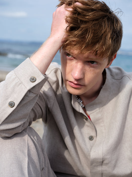 Wool-linen Mandarin Collar Pullover Shirt
